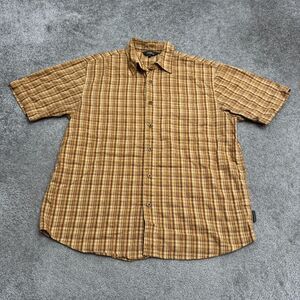 Royal Robbins Seersucker Organic Cotton Button Down Shirt Men Large Yellow Plaid